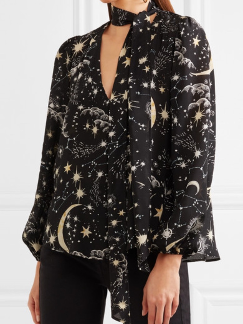 RIXO London Celestial Moon & Stars Print Silk Tie-Neck Blouse NWOT/sz S